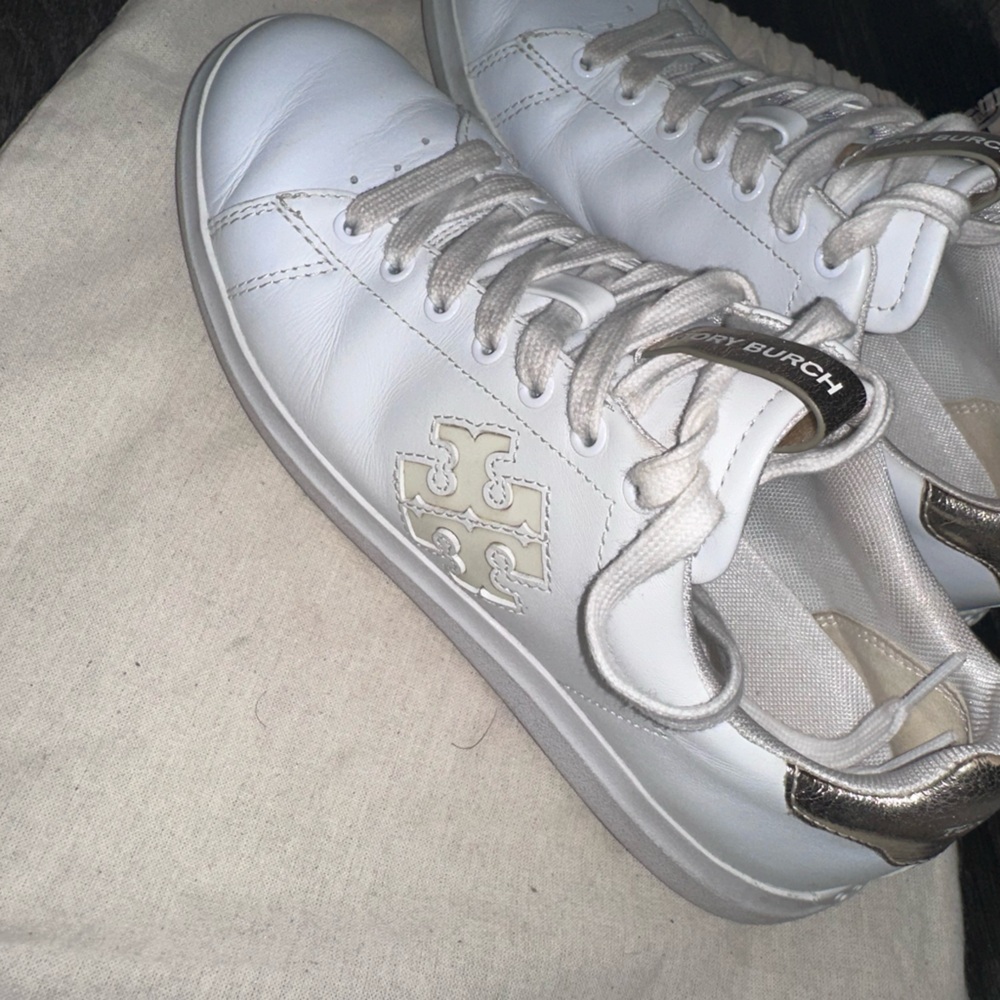 Tory Burch White Leather Sneakers with Gold Accents